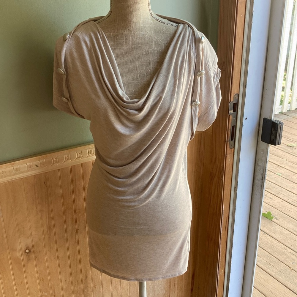 LEOLA Couture beige drape front tunic top